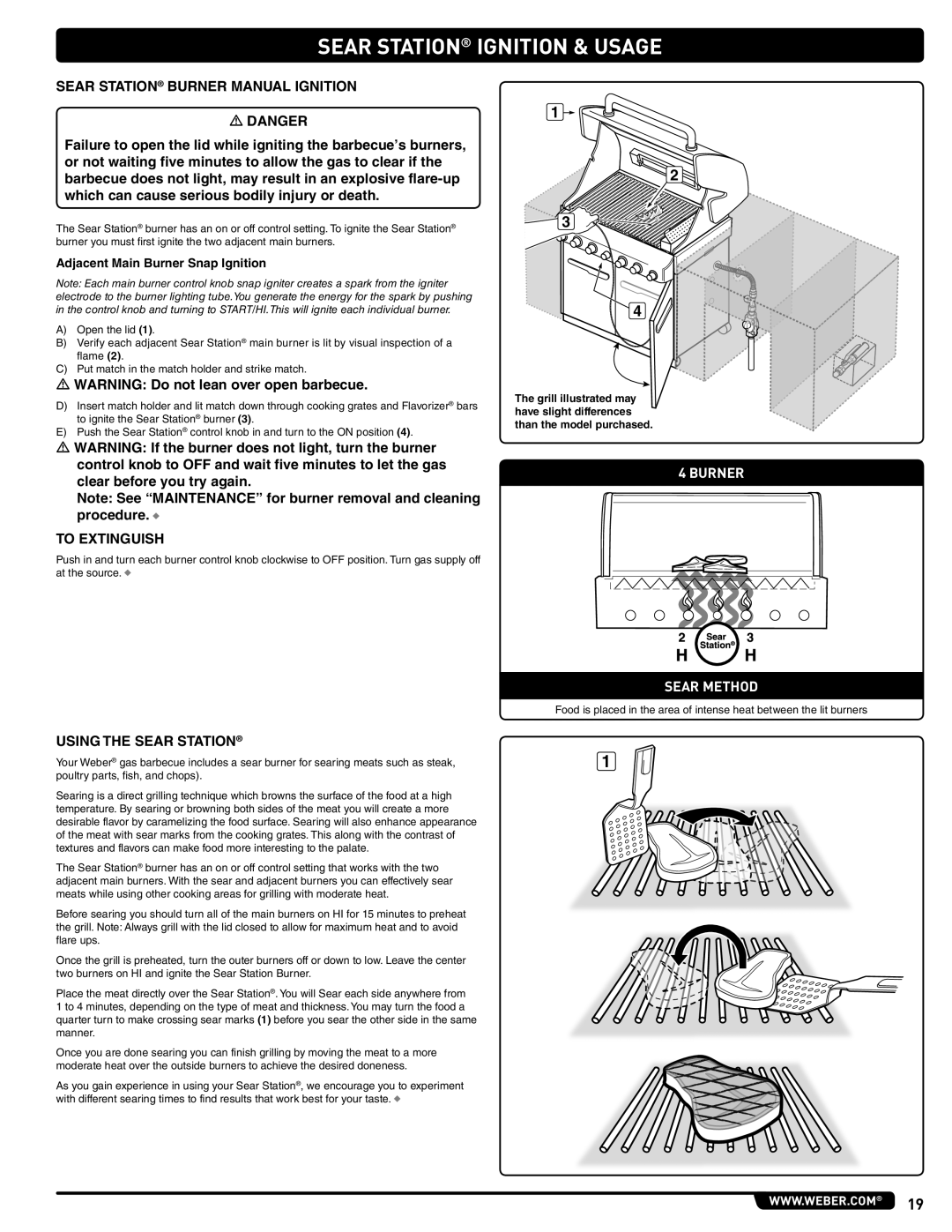 Weber 56576, Summit Gas Grill manual Sear Station Ignition & Usage, Burner Sear Method 