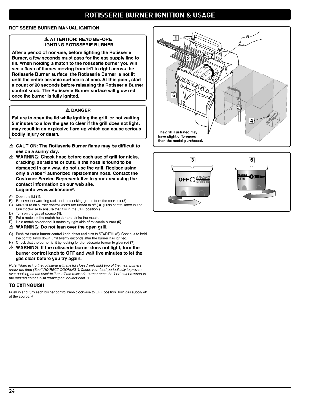 Weber Summit Gas Grill, 56576 manual Rotisserie Burner Ignition & Usage 
