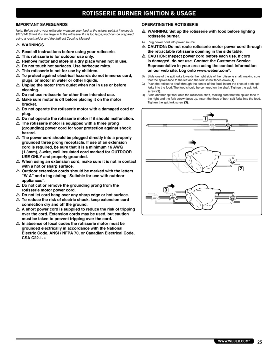 Weber 56576, Summit Gas Grill manual Rotisserie Burner Ignition & Usage, Important Safeguards 