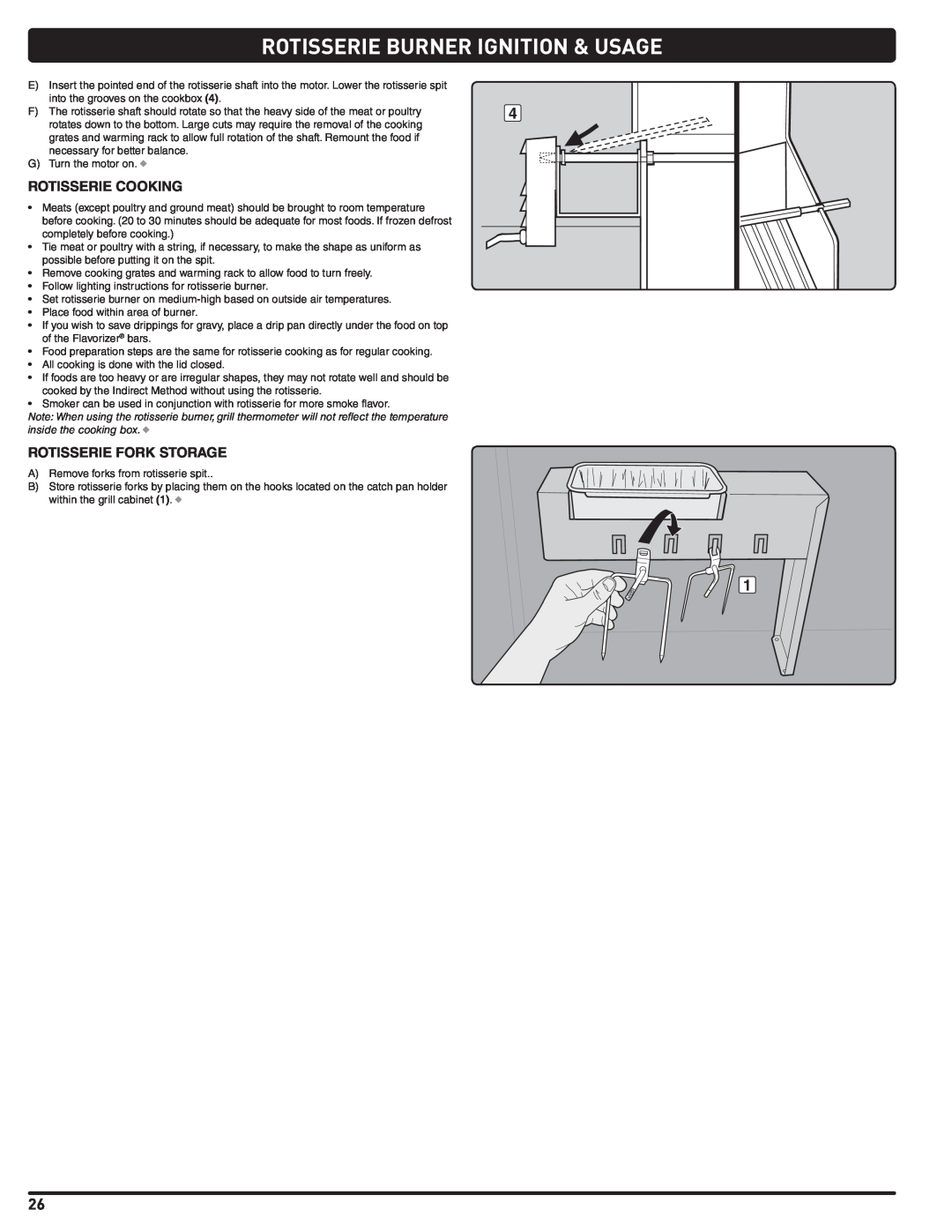 Weber Summit Gas Grill, 56576 manual Rotisserie Burner Ignition & Usage, Rotisserie Cooking, Rotisserie Fork Storage 