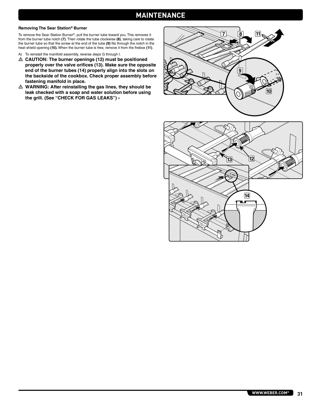 Weber 56576, Summit Gas Grill manual Maintenance, 71 82, 132 143, m CAUTION The burner openings 12 must be positioned 