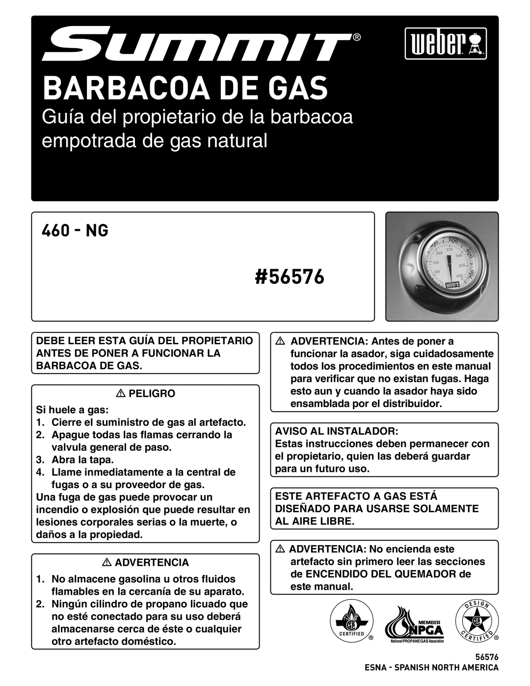 Weber Summit Gas Grill manual Barbacoa De Gas, Guía del propietario de la barbacoa empotrada de gas natural, #56576, Ng 