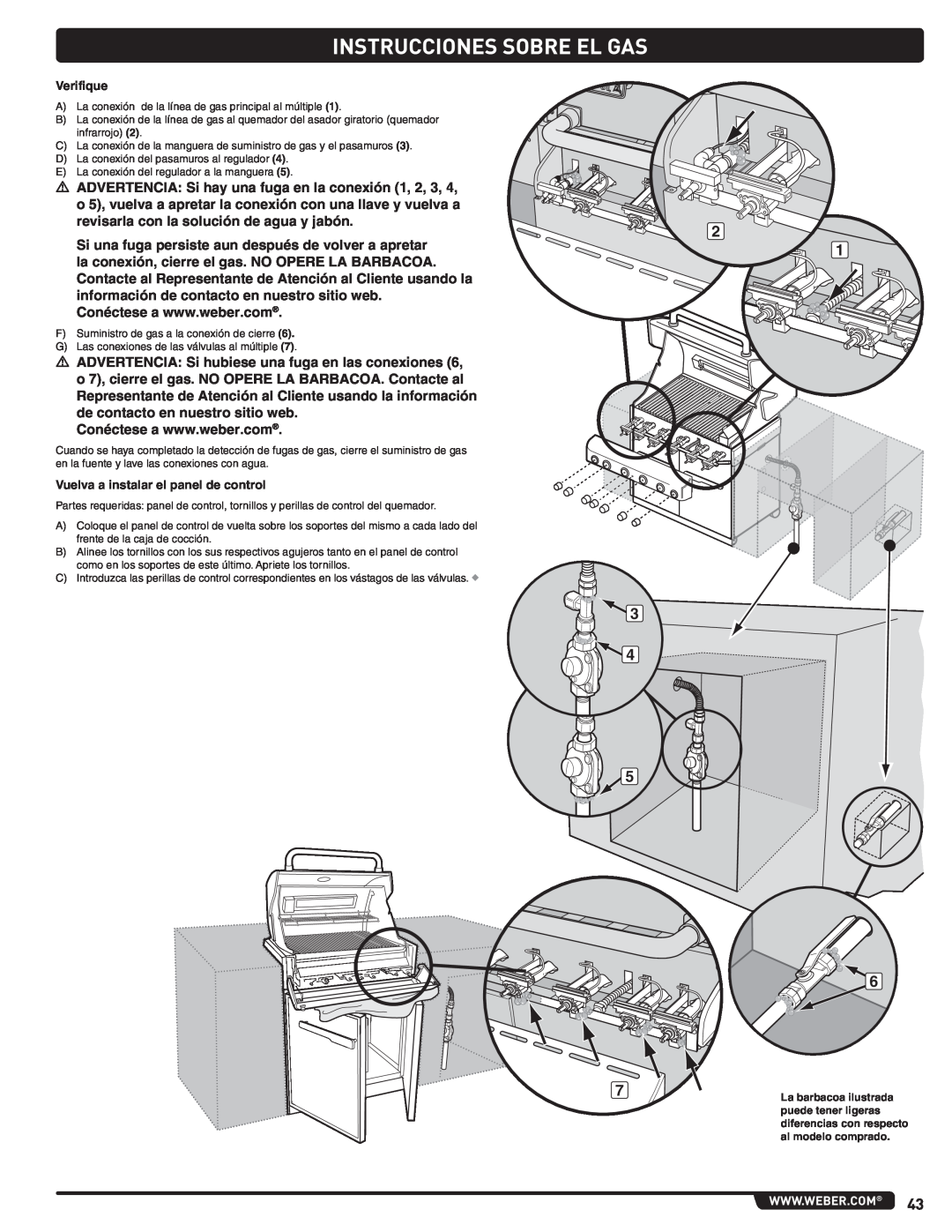 Weber 56576 manual Instrucciones Sobre El Gas, Verifique, Vuelva a instalar el panel de control, La barbacoa ilustrada 