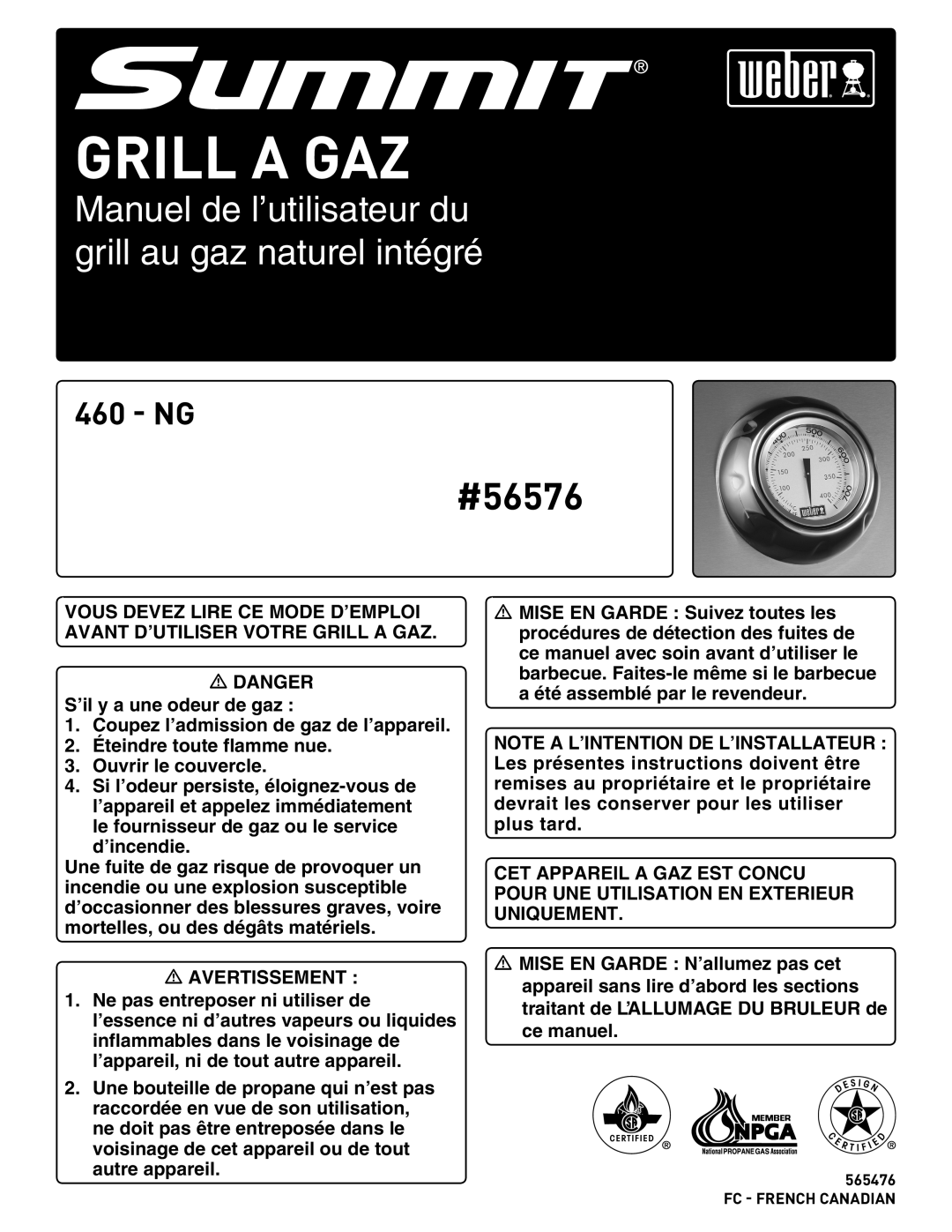 Weber Summit Gas Grill manual Grill A Gaz, Manuel de l’utilisateur du grill au gaz naturel intégré, #56576, Ng 