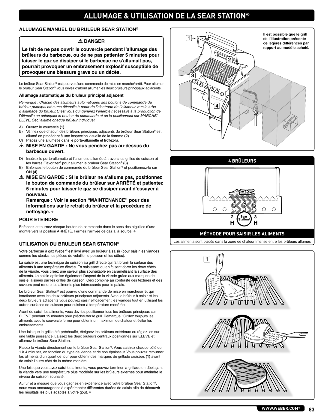 Weber 56576, Summit Gas Grill manual Allumage & Utilisation De La Sear Station, 4 BRÛLEURS MÉTHODE POUR SAISIR LES ALIMENTS 