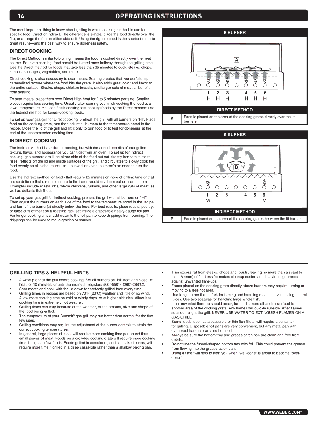 Weber SUMMIT GRILL CENTER, 294001 manual Direct cooking, Indirect cooking, Grilling Tips & Helpful Hints 