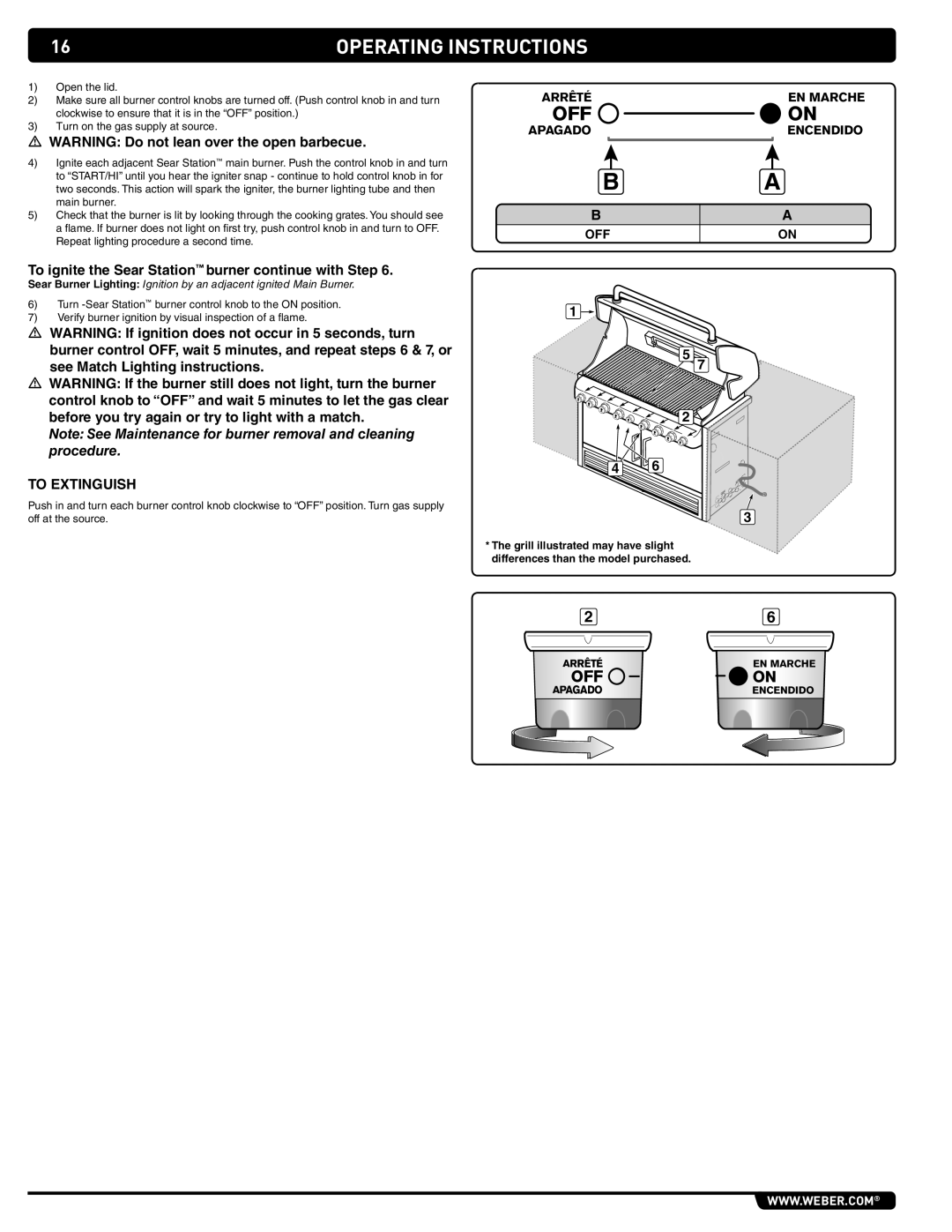 Weber SUMMIT GRILL CENTER, 294001 manual To ignite the Sear Station burner continue with Step, To Extinguish 