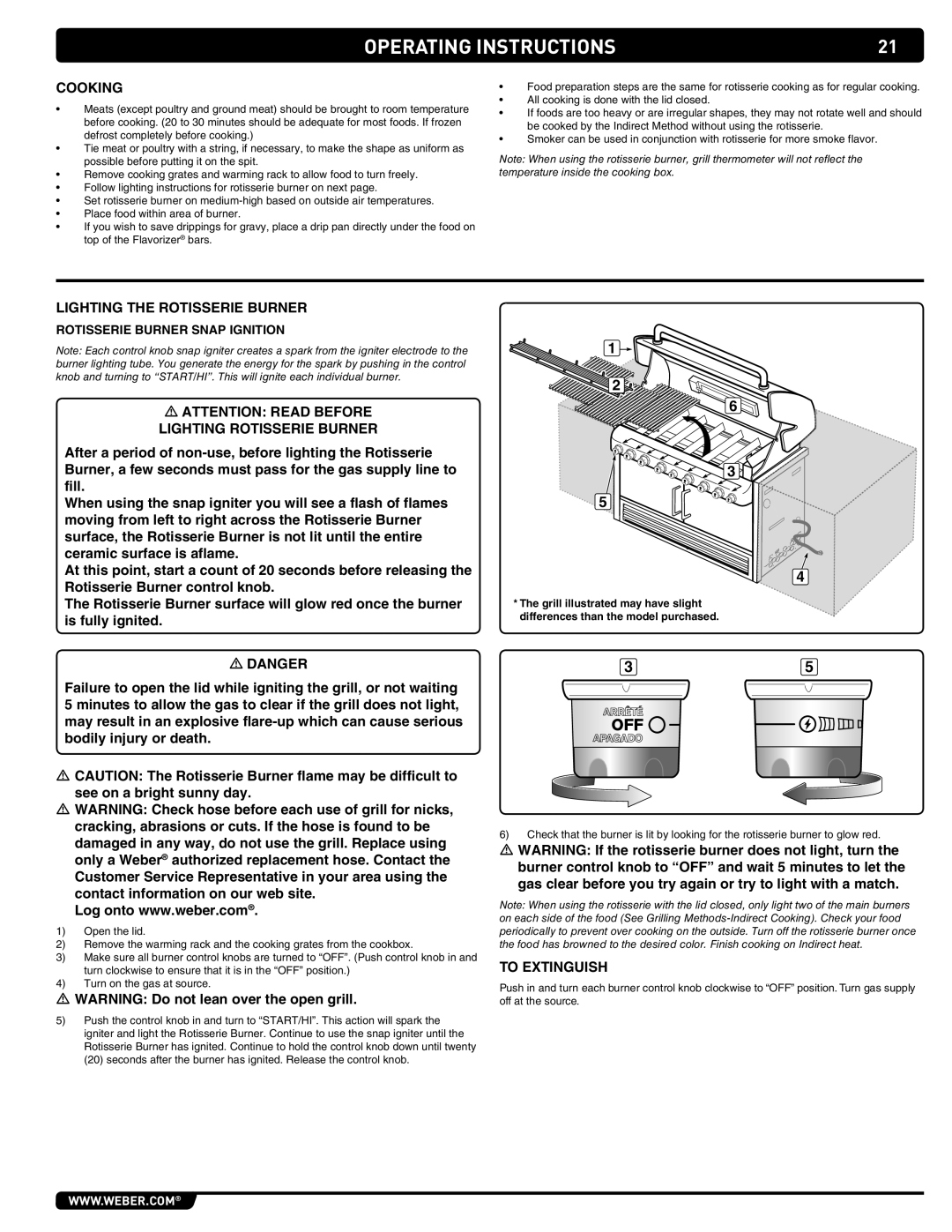 Weber 294001, SUMMIT GRILL CENTER manual Cooking, Lighting the Rotisserie Burner, Rotisserie Burner Snap Ignition 