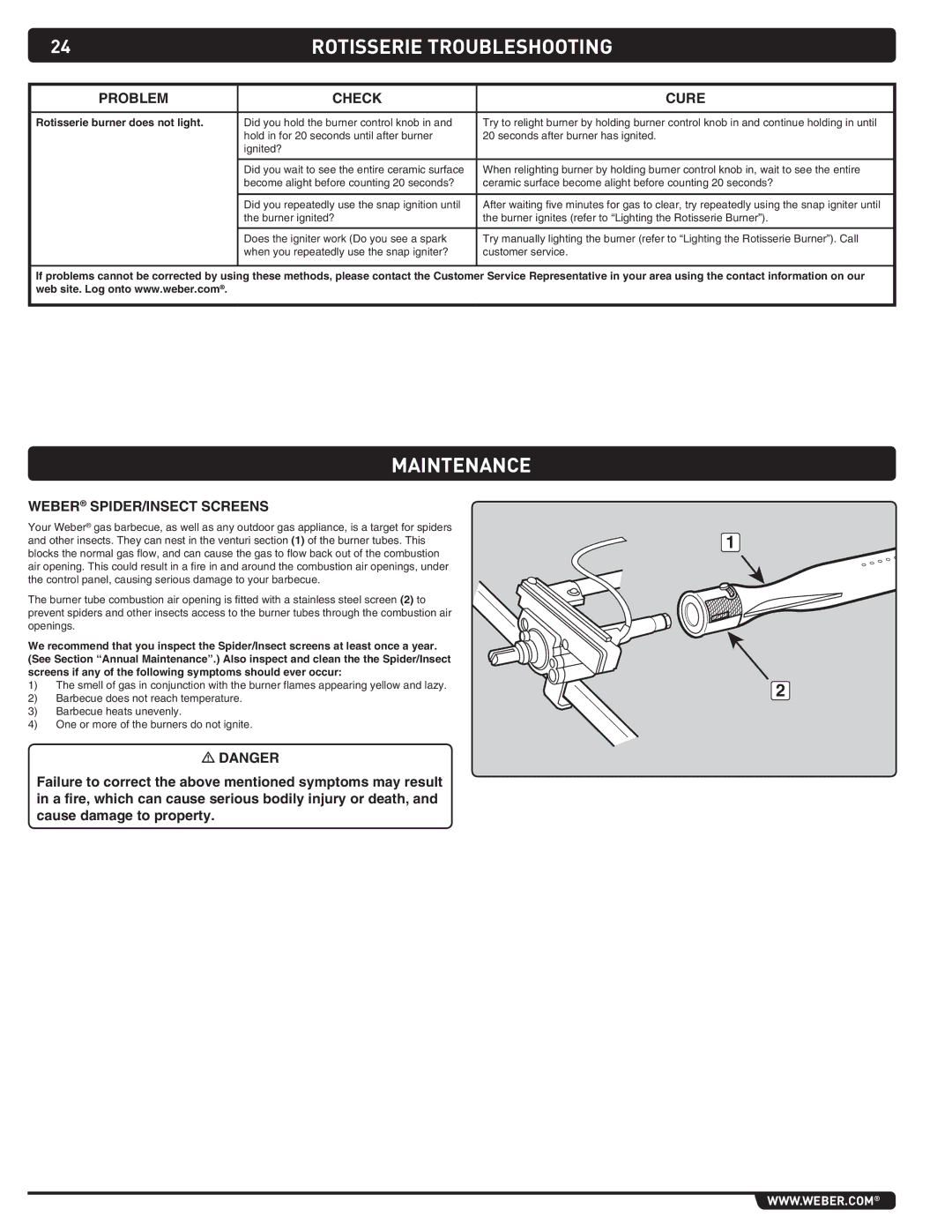 Weber SUMMIT GRILL CENTER, 294001 manual Rotisserie Troubleshooting, Maintenance, Weber SPIDER/INSECT Screens 