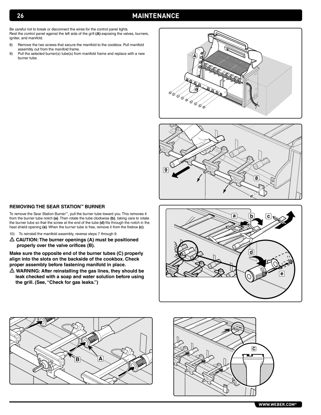 Weber SUMMIT GRILL CENTER, 294001 manual Removing the sear Station Burner 