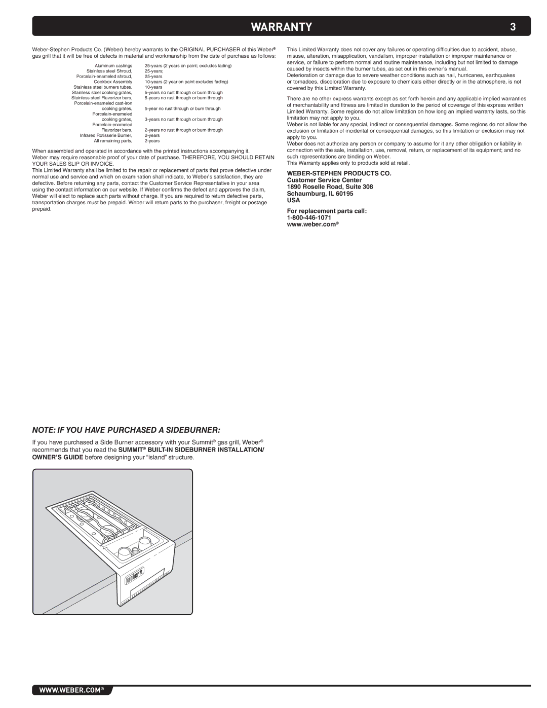 Weber 294001, SUMMIT GRILL CENTER manual Warranty 