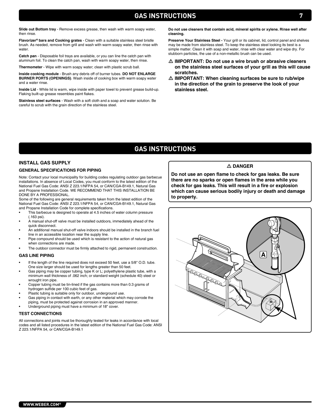 Weber 294001 Gas Instructions, Install Gas Supply, General Specifications for Piping, Gas Line Piping, Test Connections 