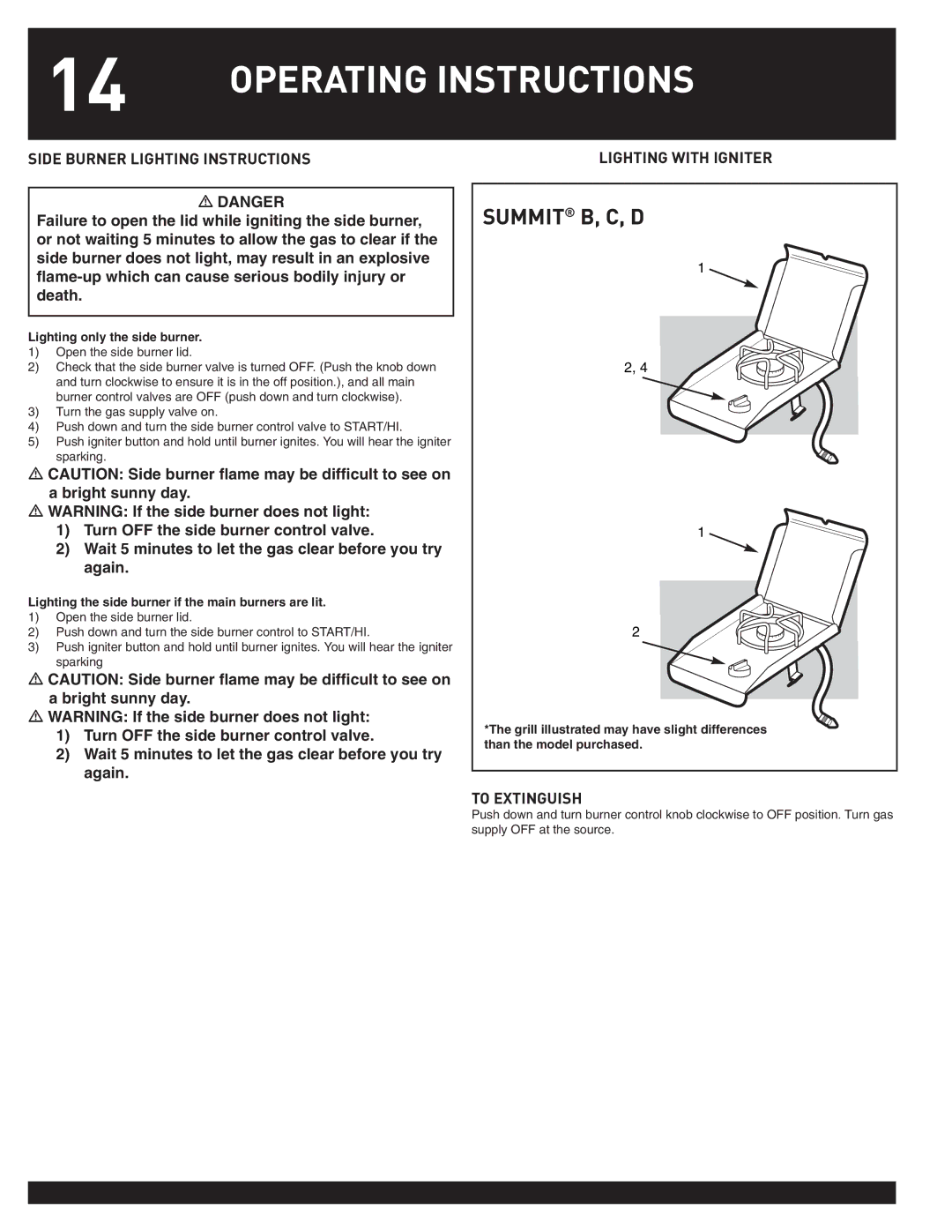 Weber SUMMIT manual Side Burner Lighting Instructions, Lighting with Igniter, Lighting only the side burner 