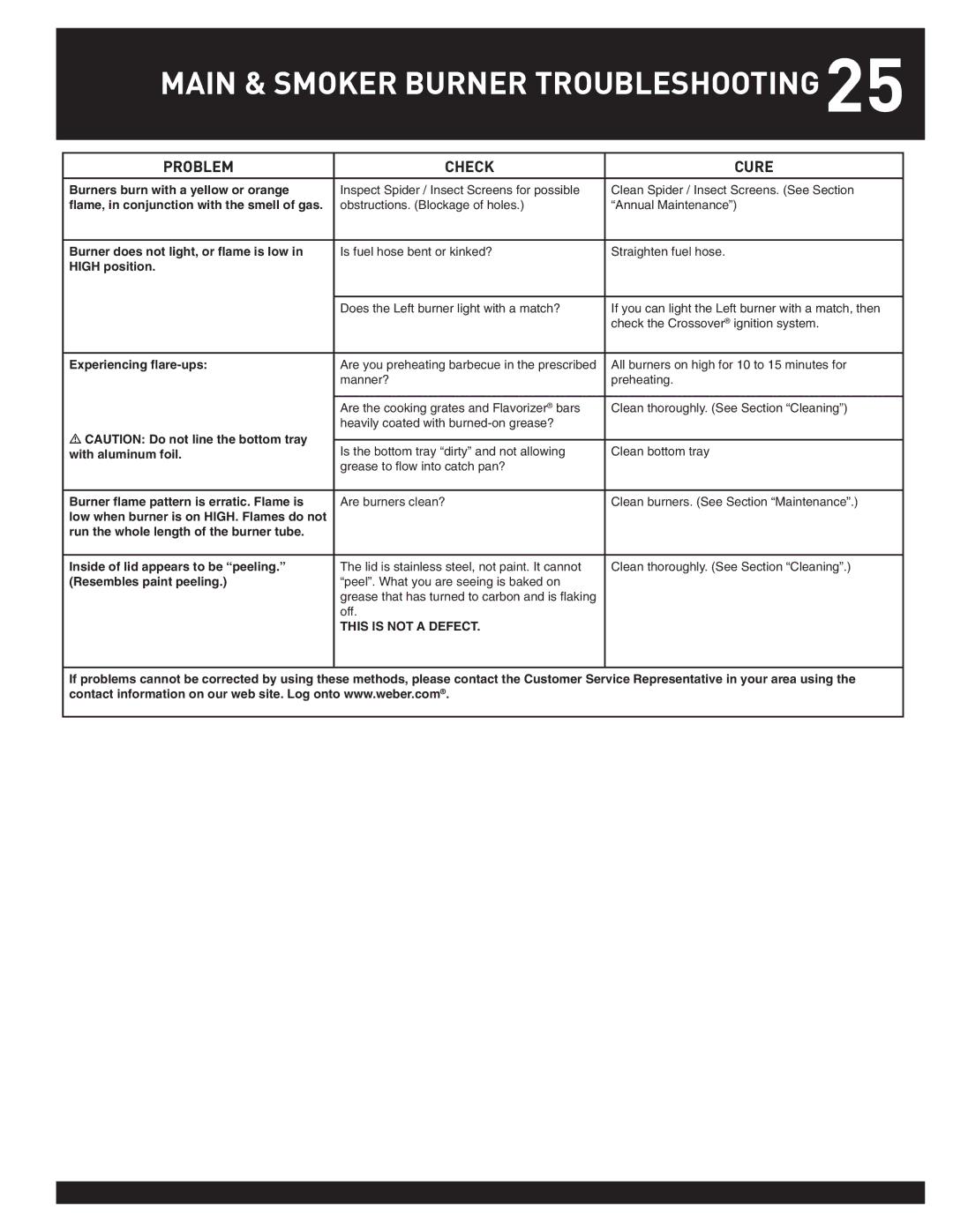 Weber SUMMIT manual Problem Check Cure 