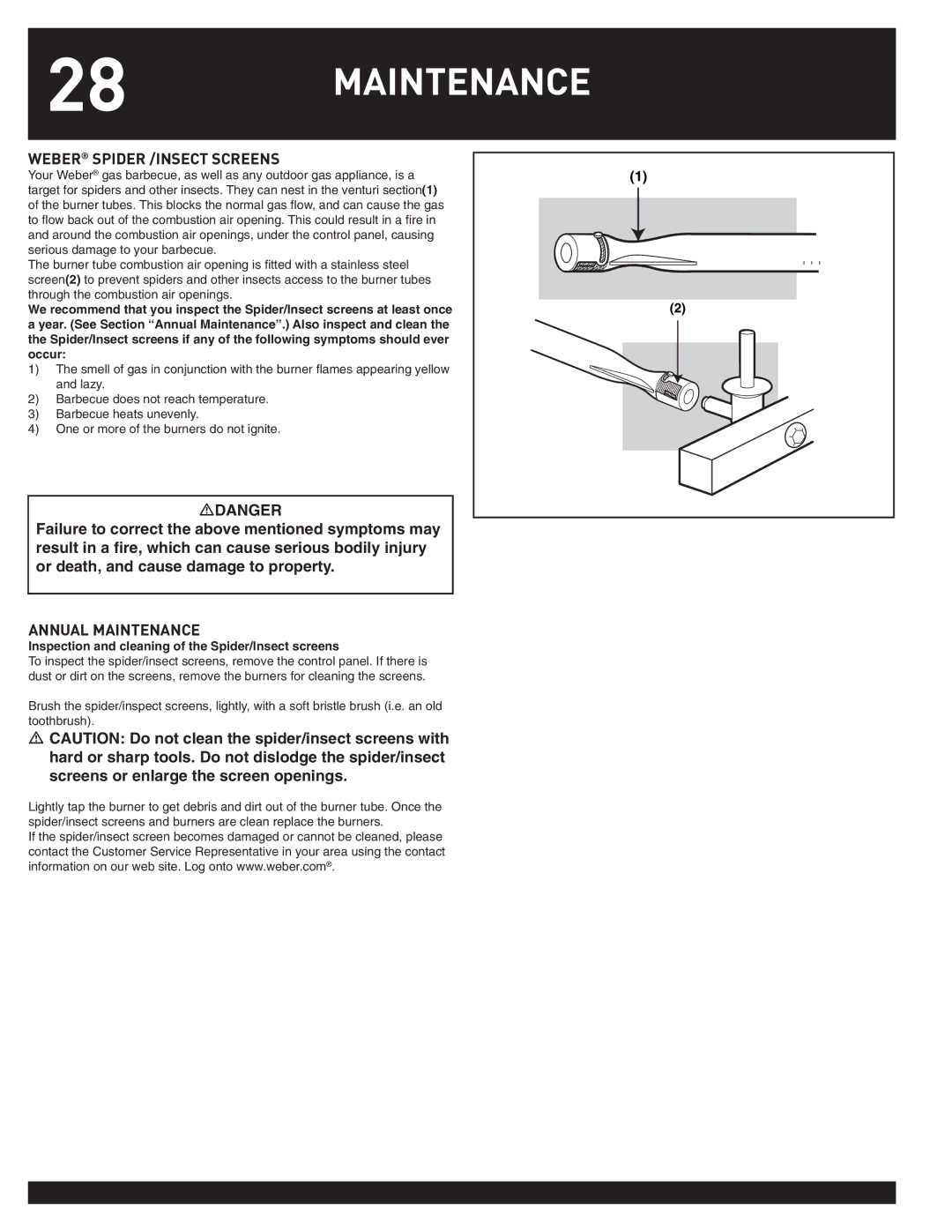 Weber SUMMIT manual Maintenance, Weber Spider /INSECT Screens, Inspection and cleaning of the Spider/Insect screens 