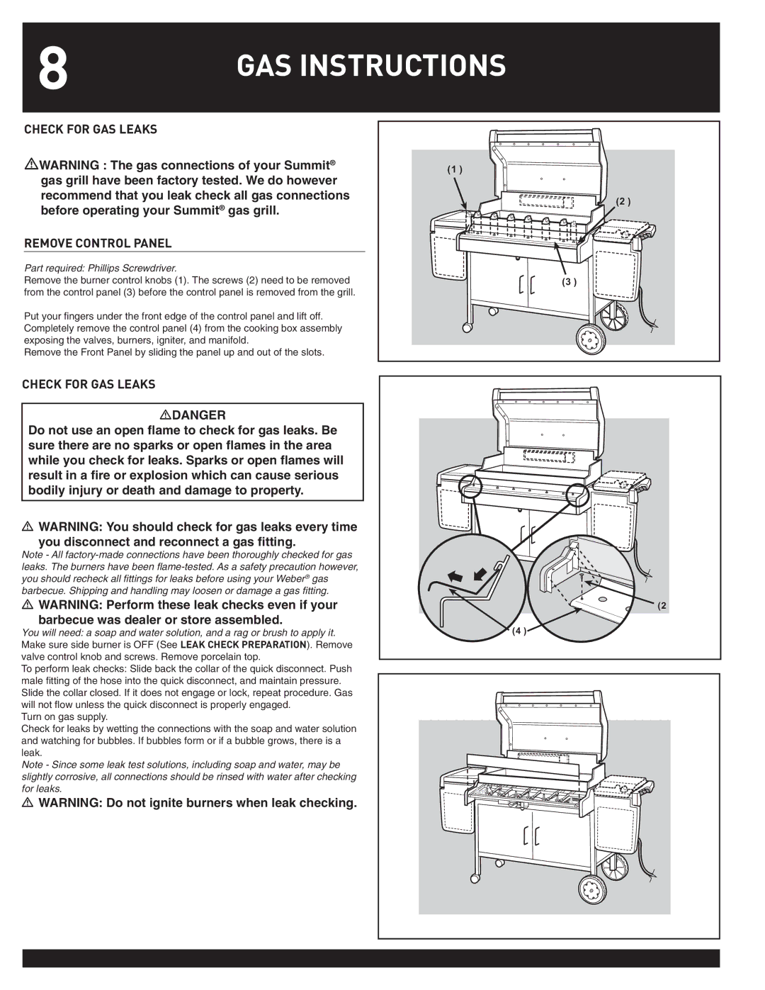 Weber SUMMIT manual Check for GAS Leaks Remove Control Panel 