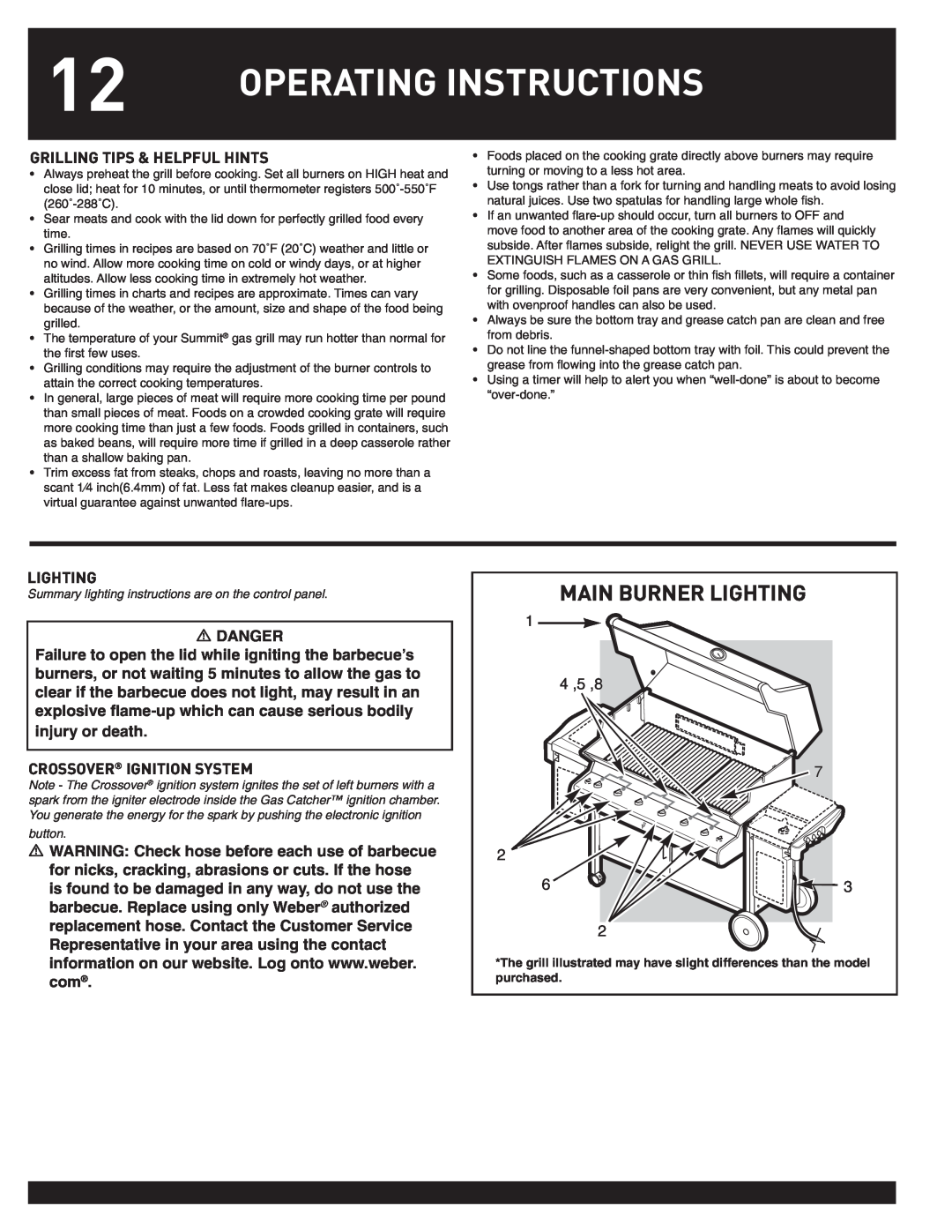 Weber SUMMIT manual Main Burner Lighting, Operating Instructions 