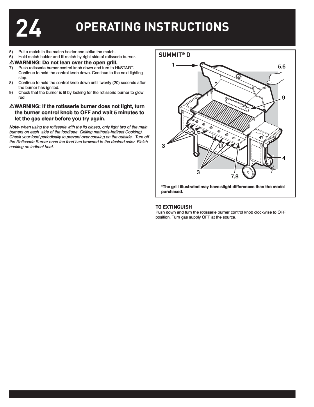 Weber SUMMIT manual Operating Instructions, Summit D, 3 7,8, WARNING Do not lean over the open grill, To Extinguish 