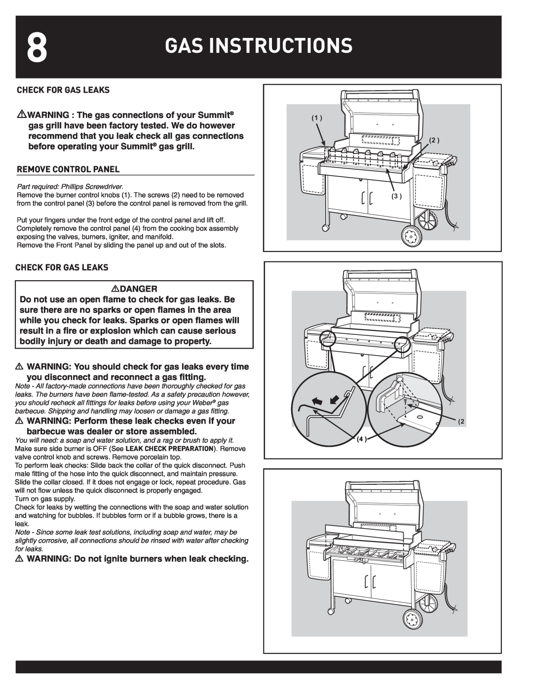 Weber SUMMIT manual Gas Instructions, Danger 