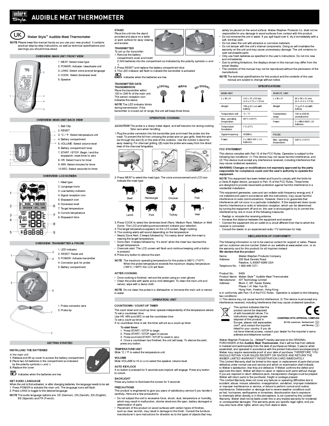 Weber specifications Weber Style Audible Meat Thermometer 