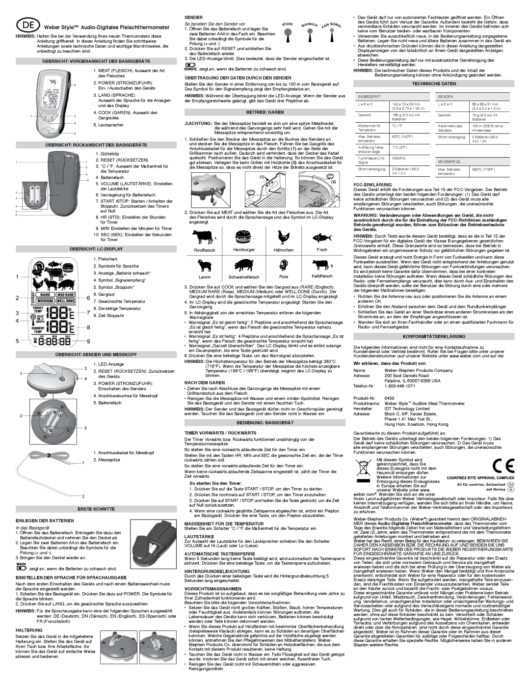 Weber Thermometer specifications Weber Style Audio-Digitales Fleischthermometer 