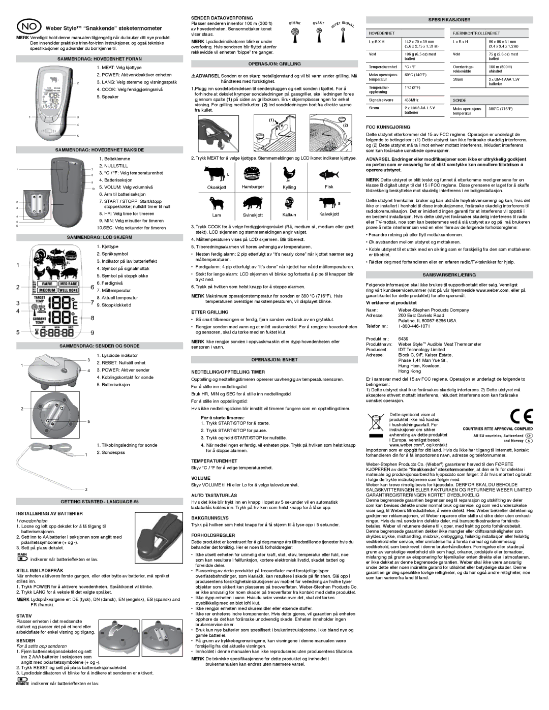 Weber Thermometer specifications Weber Style Snakkende steketermometer 