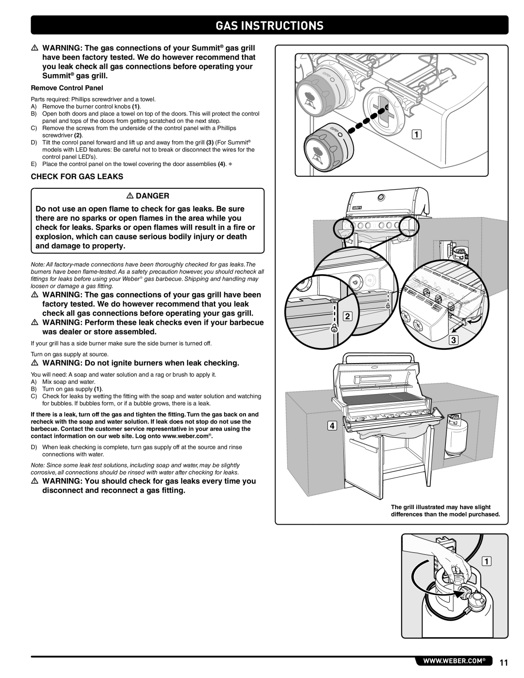 Weber 660- LP, Weber manual Check for GAS Leaks, Remove Control Panel 