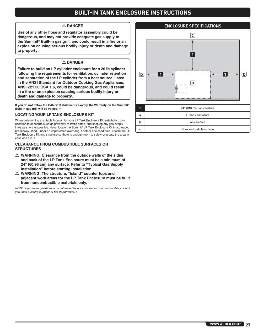 Weber 660- LP, Weber manual Locating Your LP Tank Enclosure KIT, Clearance from Combustible Surfaces or Structures 