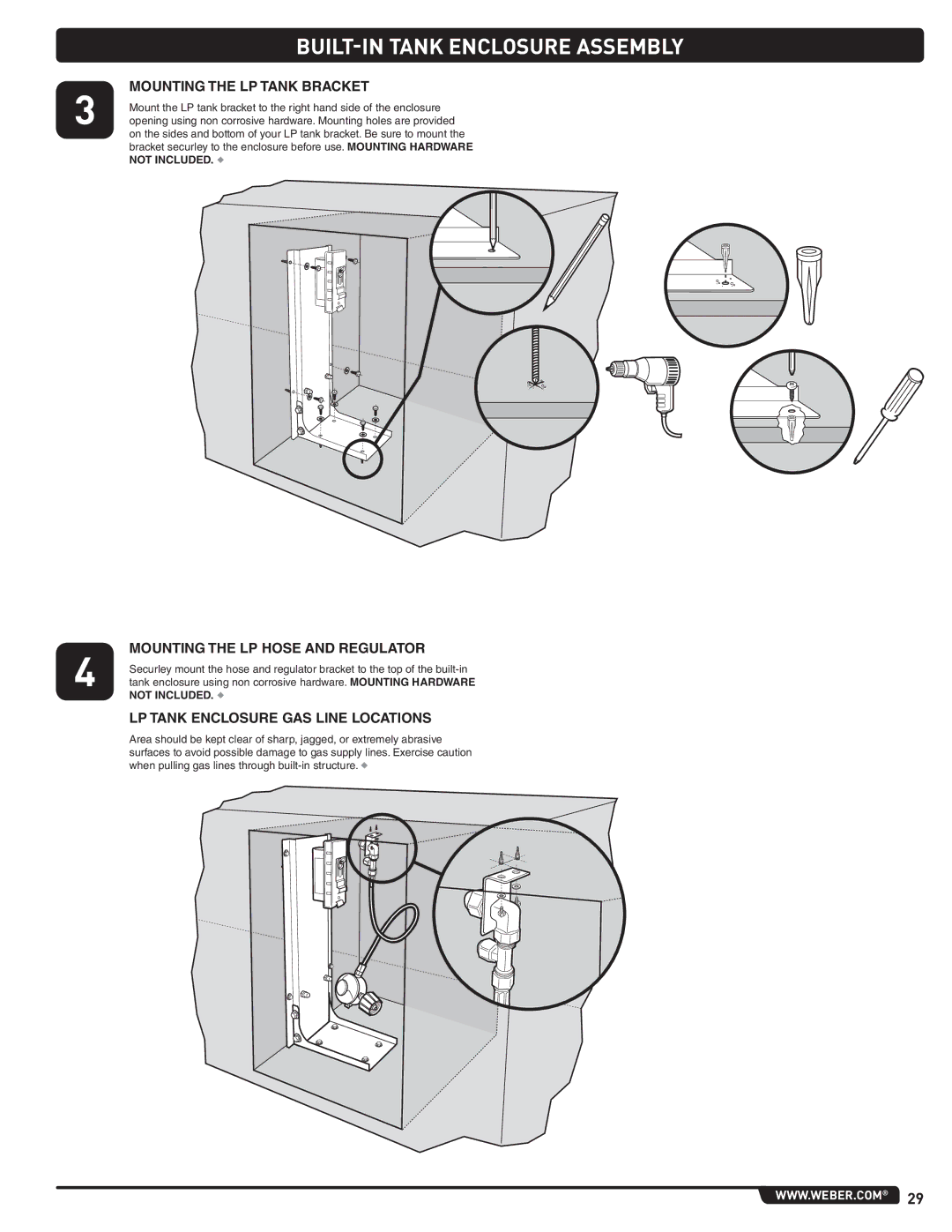 Weber 660- LP, Weber BUILT-IN Tank Enclosure Assembly, Mounting the LP Tank Bracket, Mounting the LP Hose and Regulator 