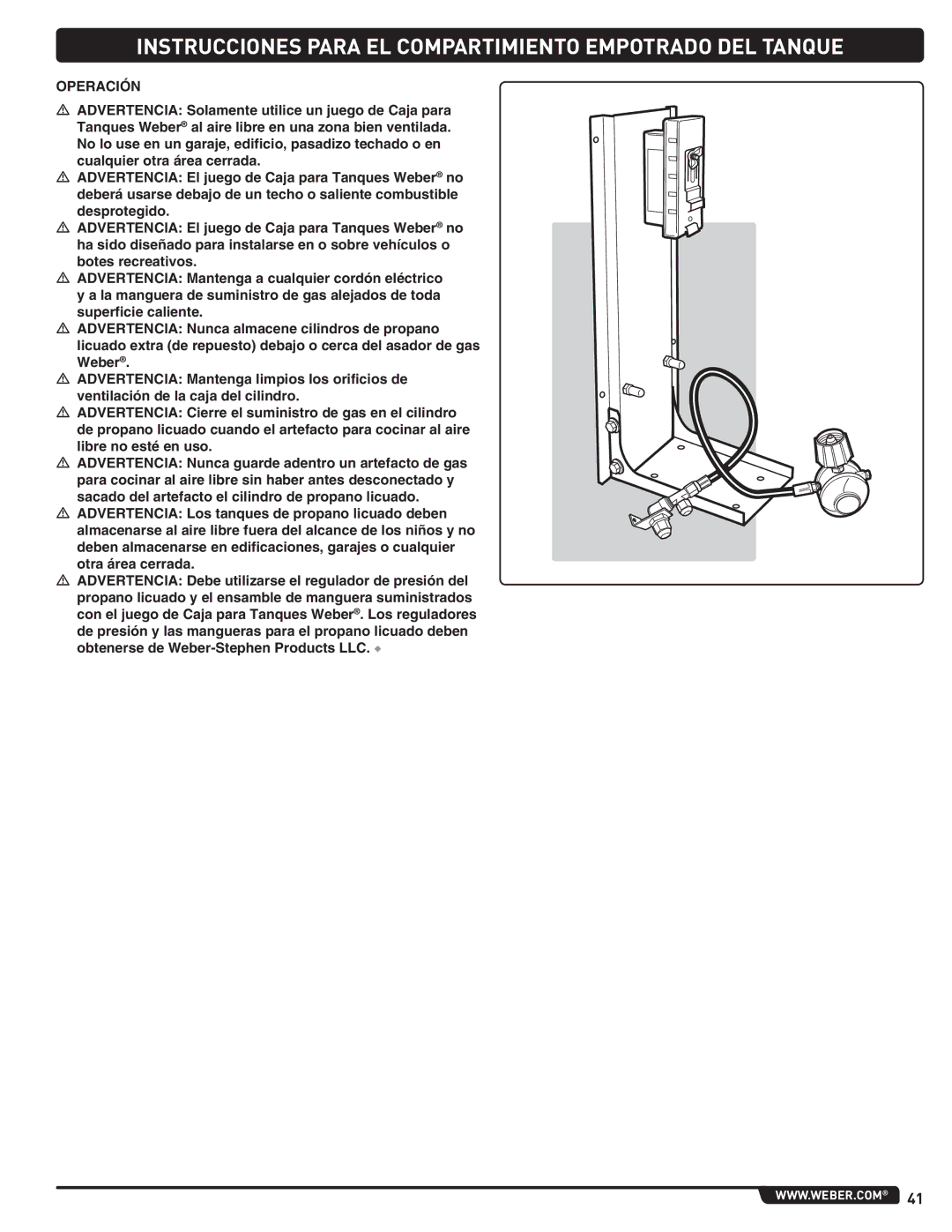 Weber 660- LP, Weber manual Instrucciones Para EL Compartimiento Empotrado DEL Tanque, Operación 