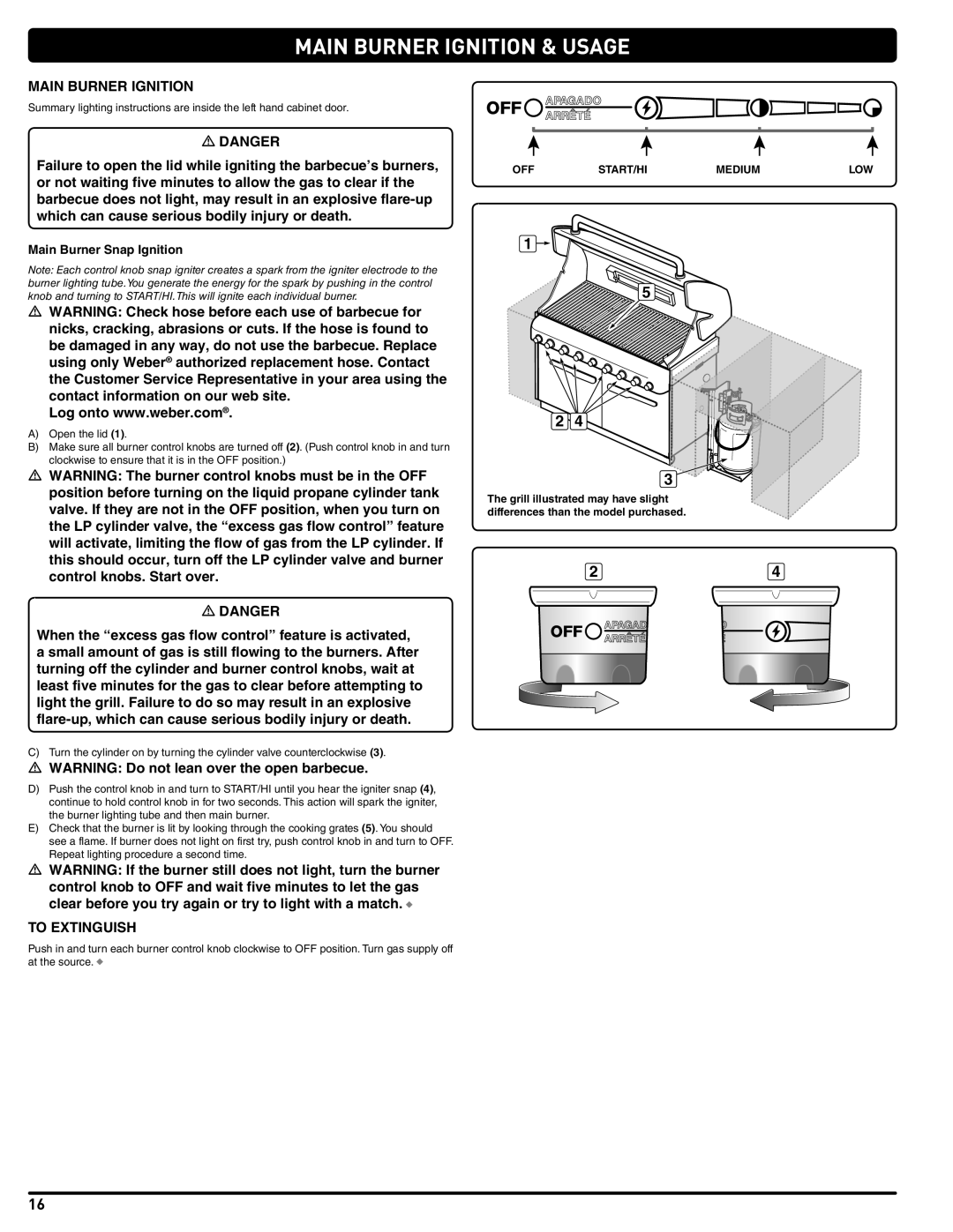 Weber Weber, 660- LP manual Main Burner Ignition & Usage, To Extinguish, Main Burner Snap Ignition 