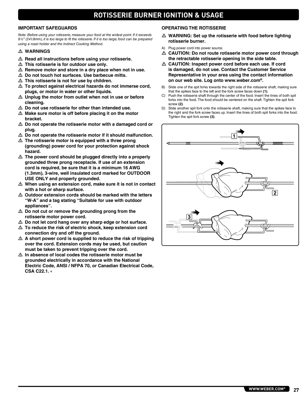 Weber 660- LP, Weber manual Important Safeguards, Operating the Rotisserie 