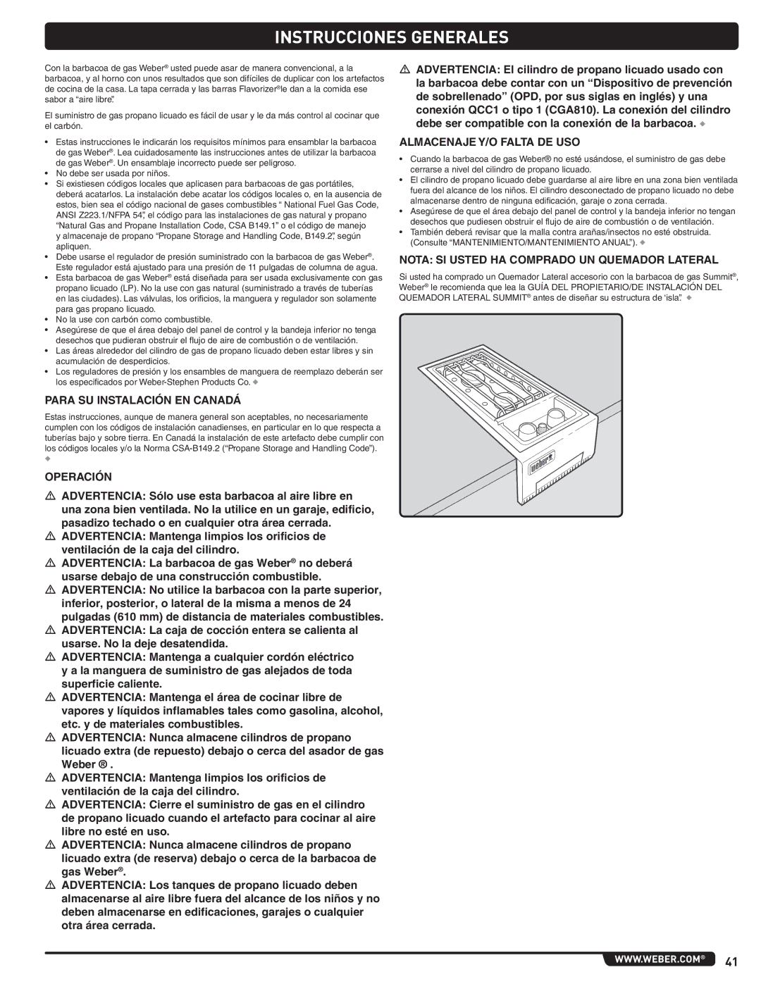 Weber 660- LP, Weber manual Instrucciones Generales, Para SU Instalación EN Canadá, Operación, Almacenaje Y/O Falta DE USO 