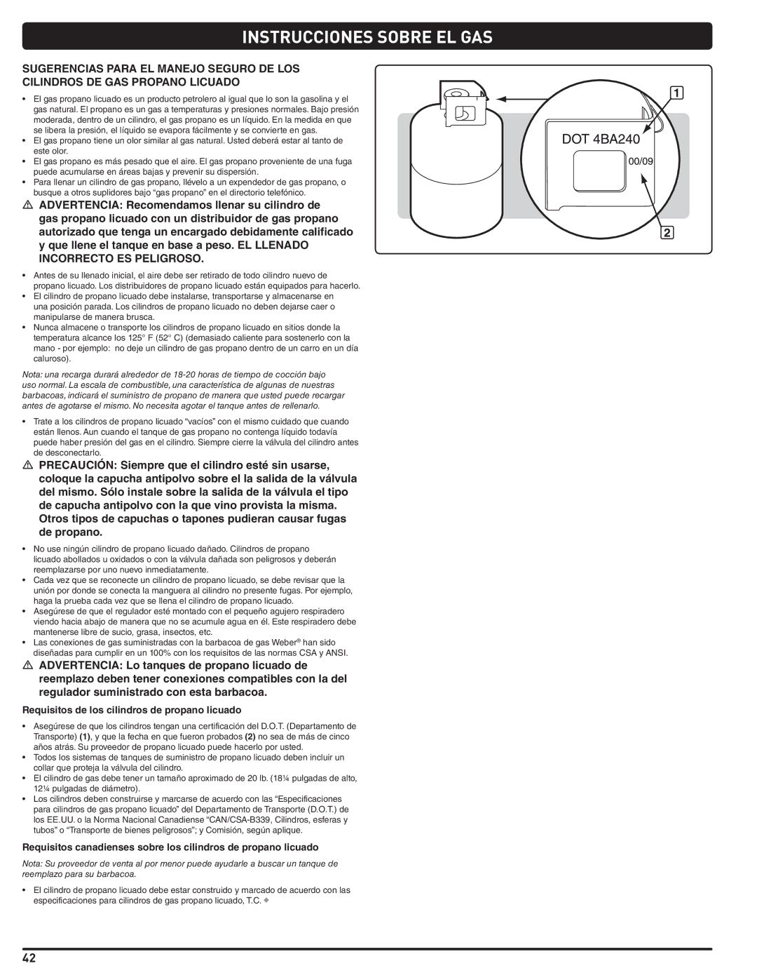 Weber Weber, 660- LP manual Instrucciones Sobre EL GAS, Requisitos de los cilindros de propano licuado 