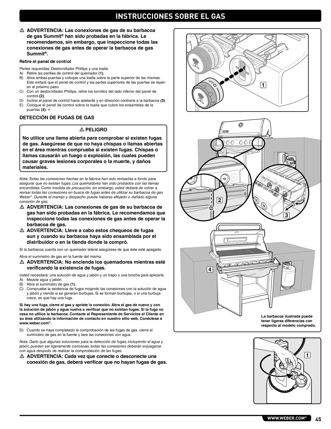 Weber 660- LP, Weber manual Detección DE Fugas DE GAS, Retire el panel de control 