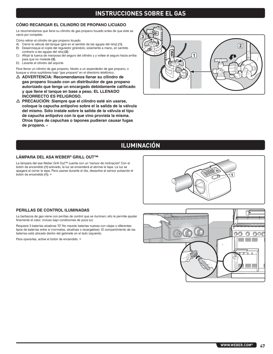 Weber 660- LP manual Iluminación, Cómo Recargar EL Cilindro DE Propano Licuado, Lámpara DEL ASA Weber Grill OUT 