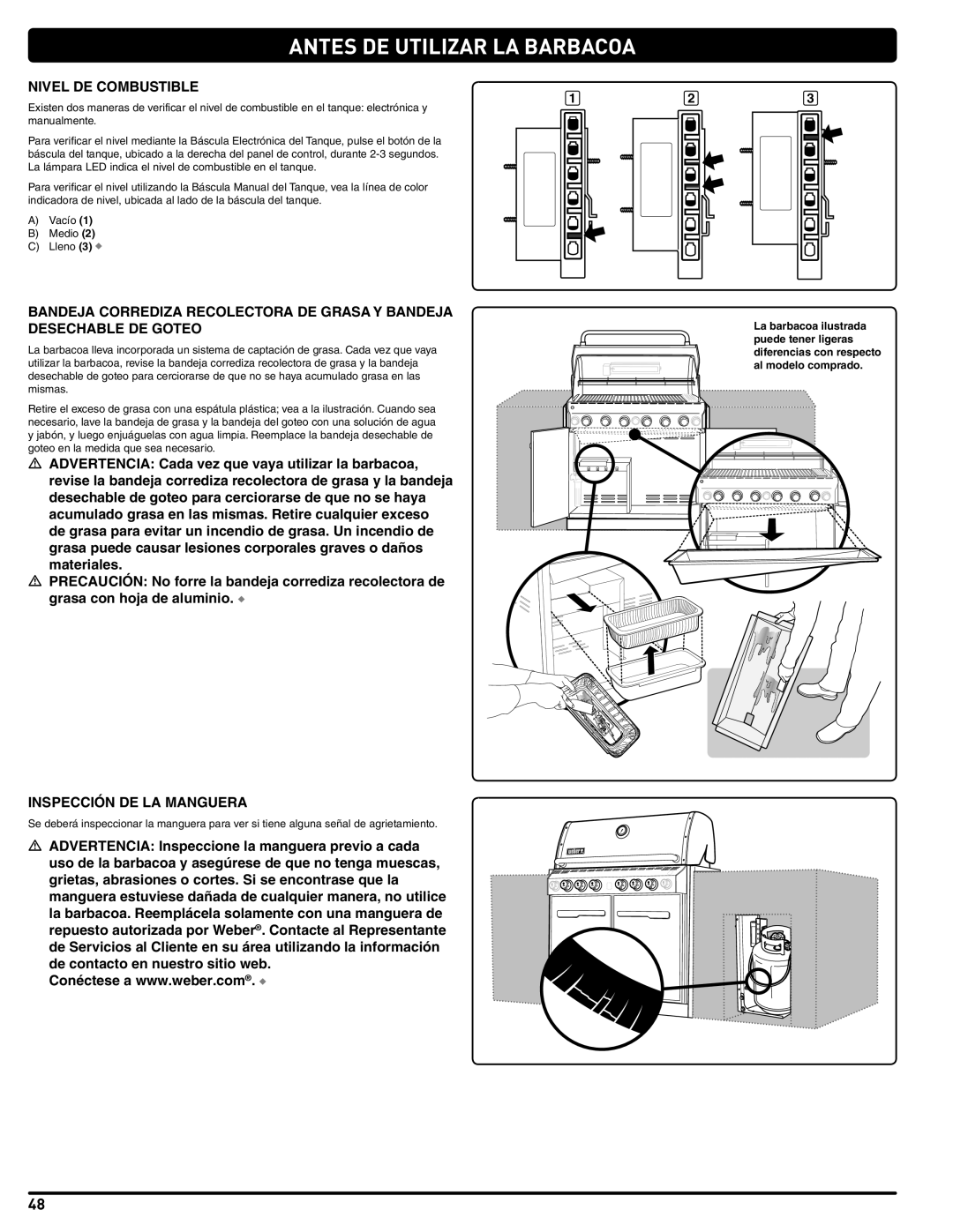 Weber Weber, 660- LP manual Antes DE Utilizar LA Barbacoa, Nivel DE Combustible, Inspección DE LA Manguera 