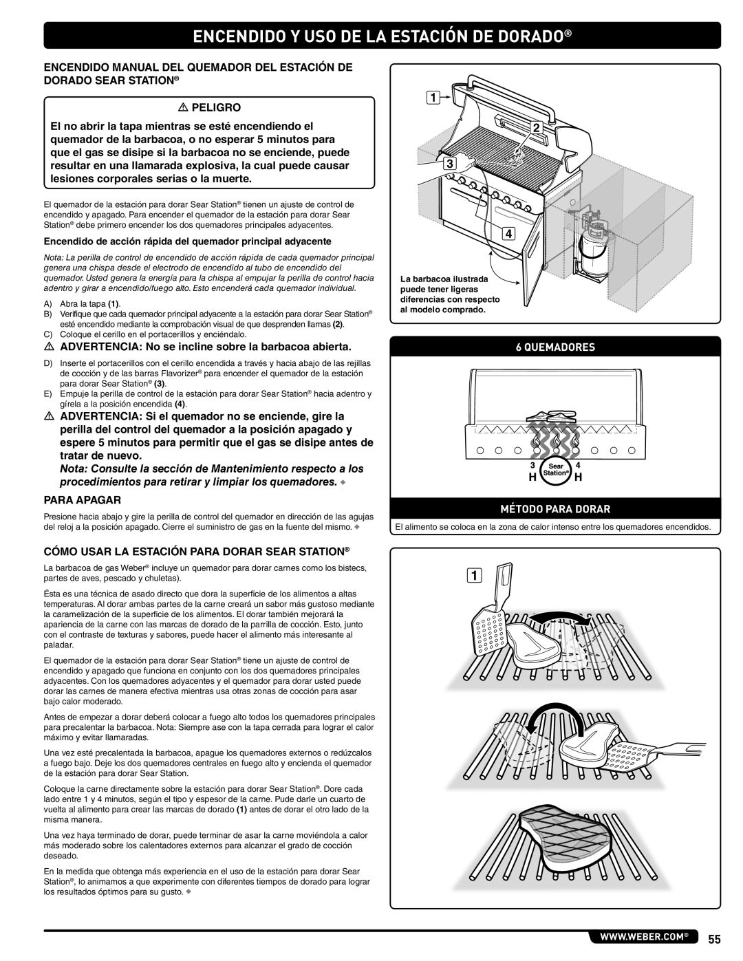 Weber 660- LP, Weber manual  Advertencia No se incline sobre la barbacoa abierta, Quemadores Método Para Dorar 
