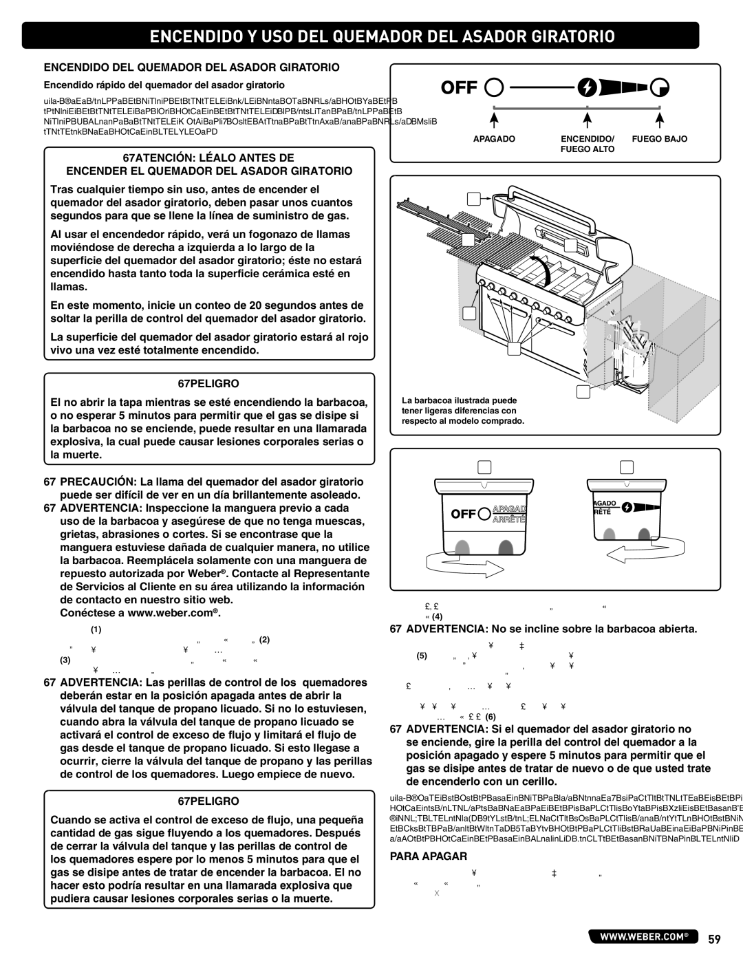 Weber 660- LP, Weber manual Encendido Y USO DEL Quemador DEL Asador Giratorio, Encendido DEL Quemador DEL Asador Giratorio 