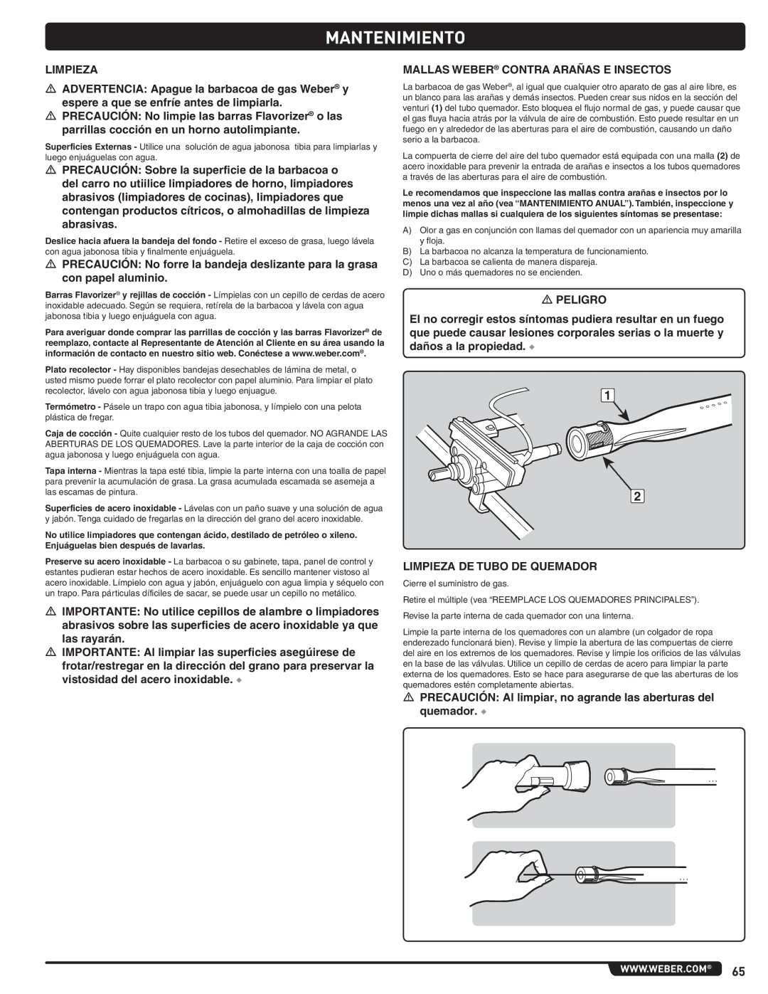 Weber 660- LP manual Mantenimiento, Mallas Weber Contra Arañas E Insectos, Limpieza DE Tubo DE Quemador 