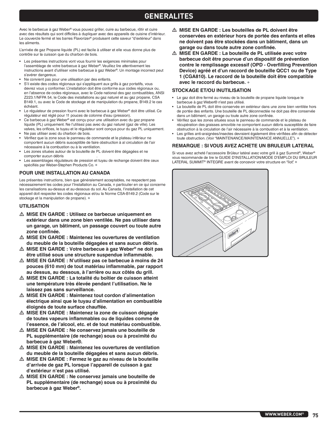 Weber 660- LP, Weber manual Generalites, Pour UNE Installation AU Canada, Utilisation, Stockage ET/OU Inutilisation 