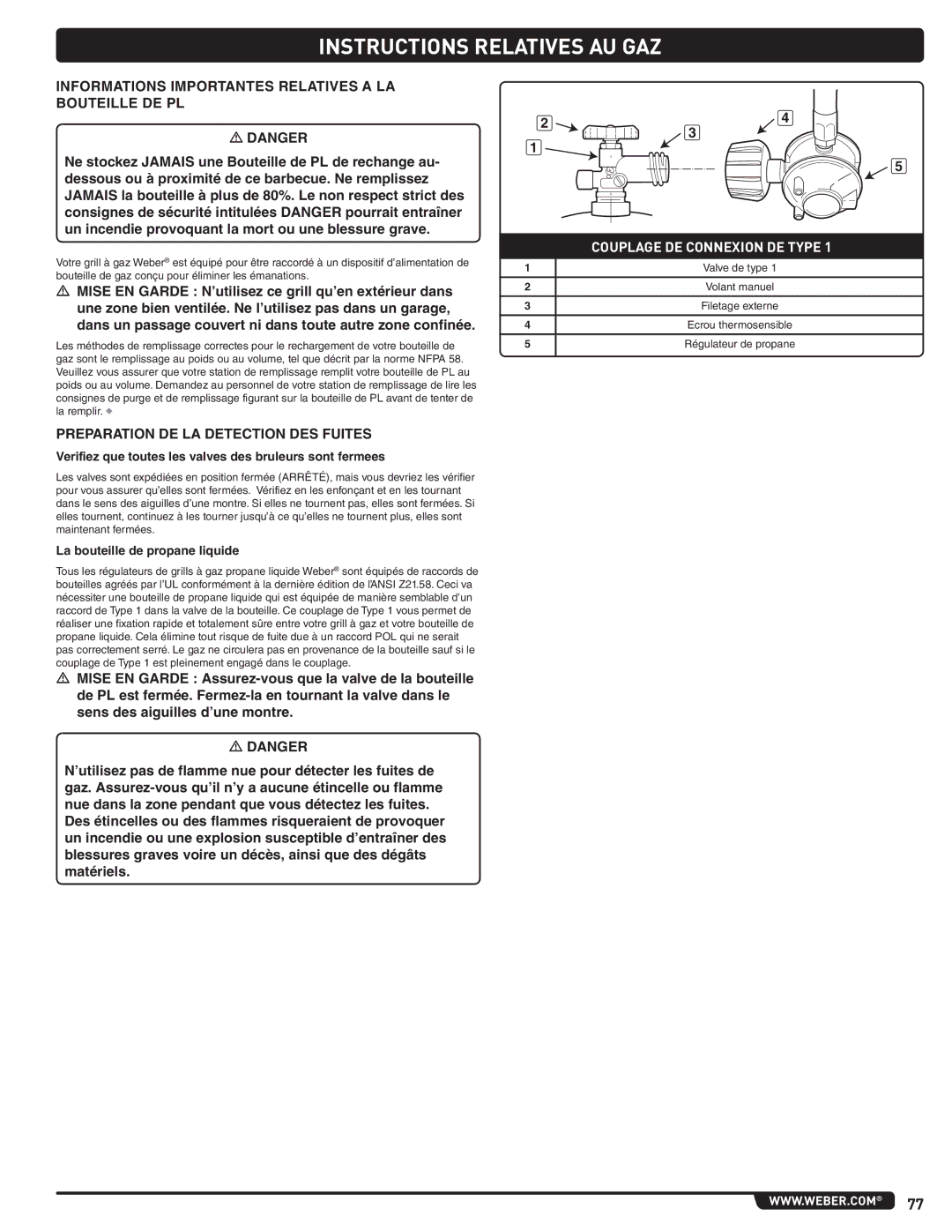 Weber 660- LP, Weber manual Informations Importantes Relatives a LA Bouteille DE PL, Preparation DE LA Detection DES Fuites 