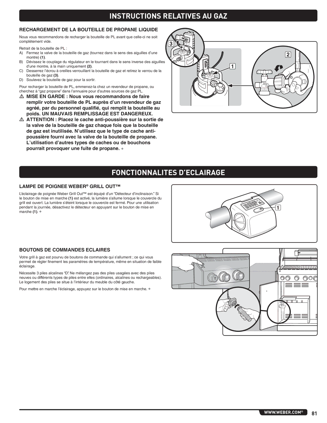 Weber 660- LP Fonctionnalites D’ECLAIRAGE, Rechargement DE LA Bouteille DE Propane Liquide, Boutons DE Commandes Eclaires 