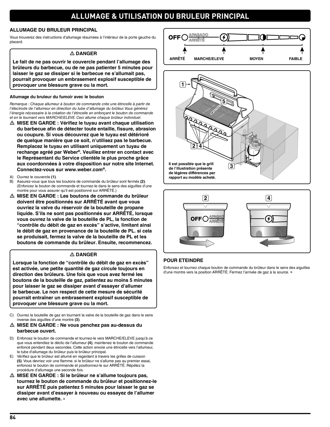 Weber Weber, 660- LP manual Allumage & Utilisation DU Bruleur Principal, Allumage DU Bruleur Principal, Pour Eteindre 