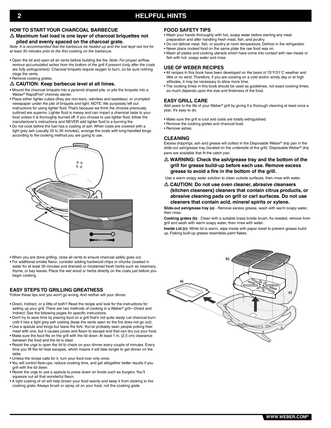 Weber Weber Charcoal Grill, 41093 manual Helpful Hints 