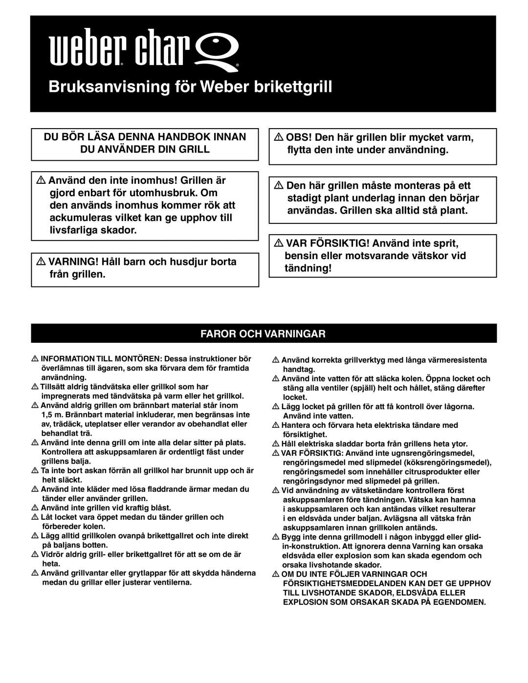 Weber Weber Charcoal Grill, 41093 manual Bruksanvisning för Weber brikettgrill, Faror OCH Varningar 