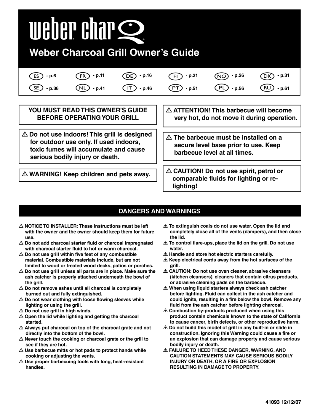 Weber 41093 manual Weber Charcoal Grill Owner’s Guide, Dangers And Warnings 