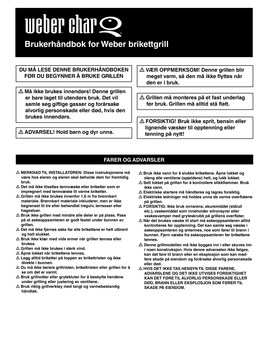 Weber Weber Charcoal Grill, 41093 manual Brukerhåndbok for Weber brikettgrill, Farer Og Advarsler 