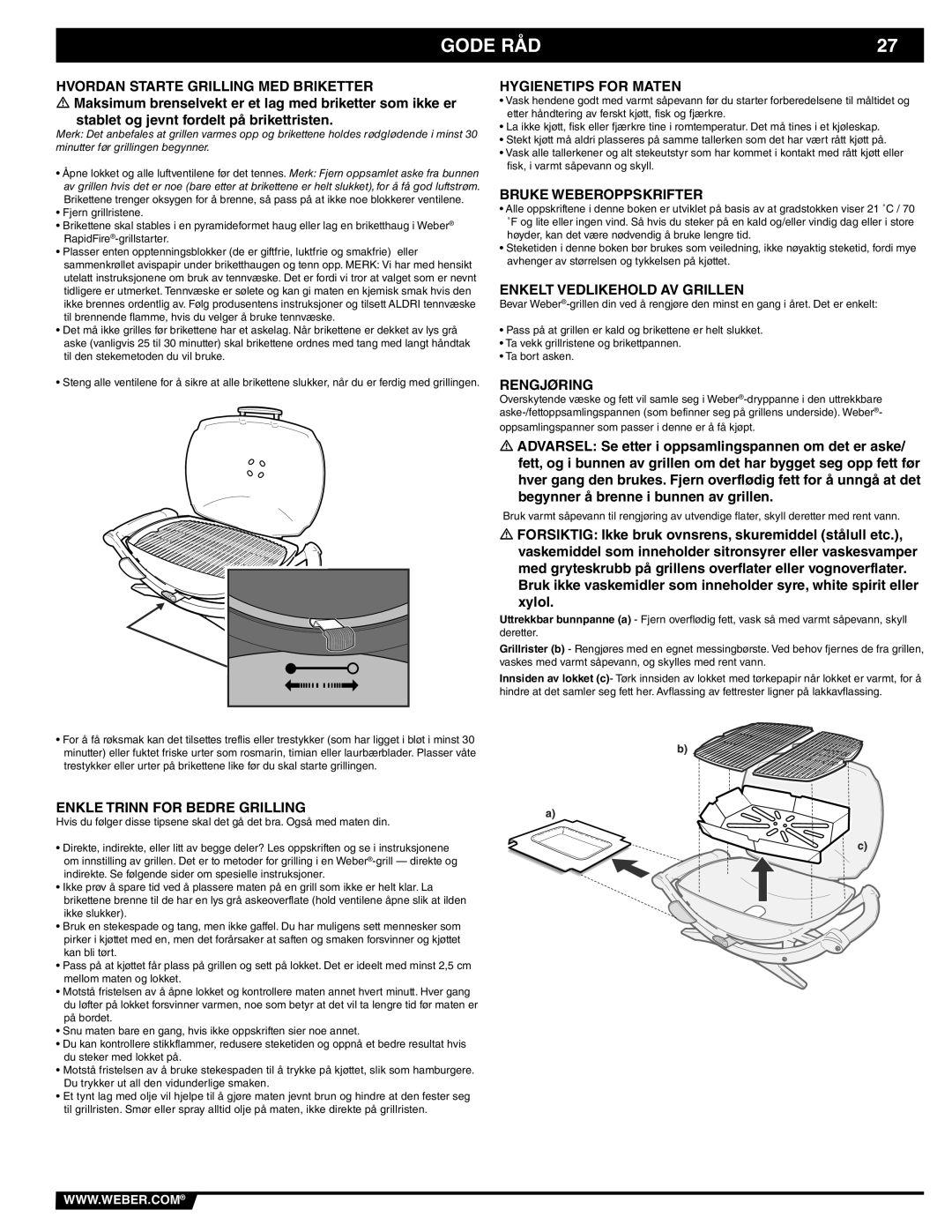 Weber 41093 manual Gode Råd, Enkle Trinn For Bedre Grilling, Hygienetips For Maten, Bruke Weberoppskrifter, Rengjøring 