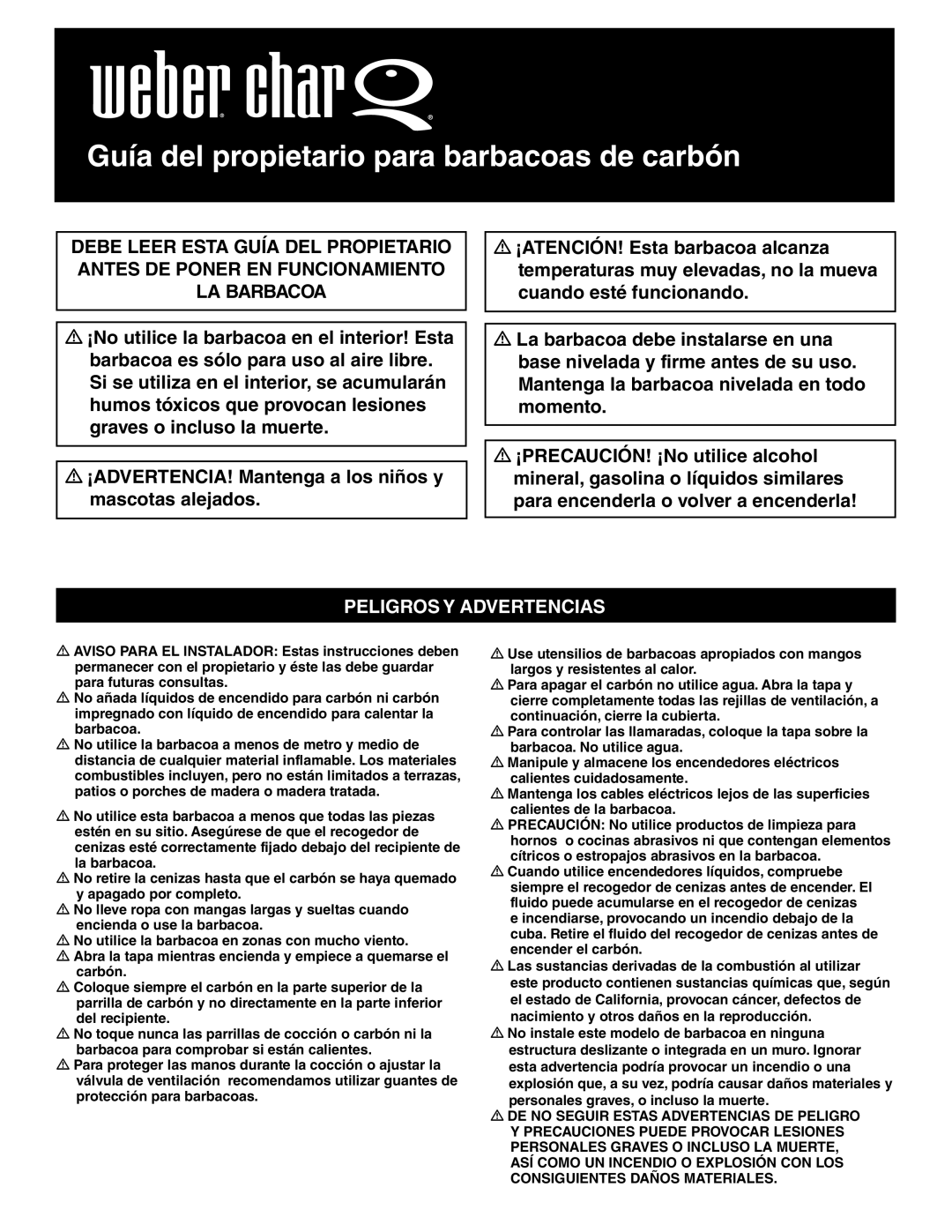 Weber Weber Charcoal Grill, 41093 manual Guía del propietario para barbacoas de carbón, Peligros Y Advertencias 